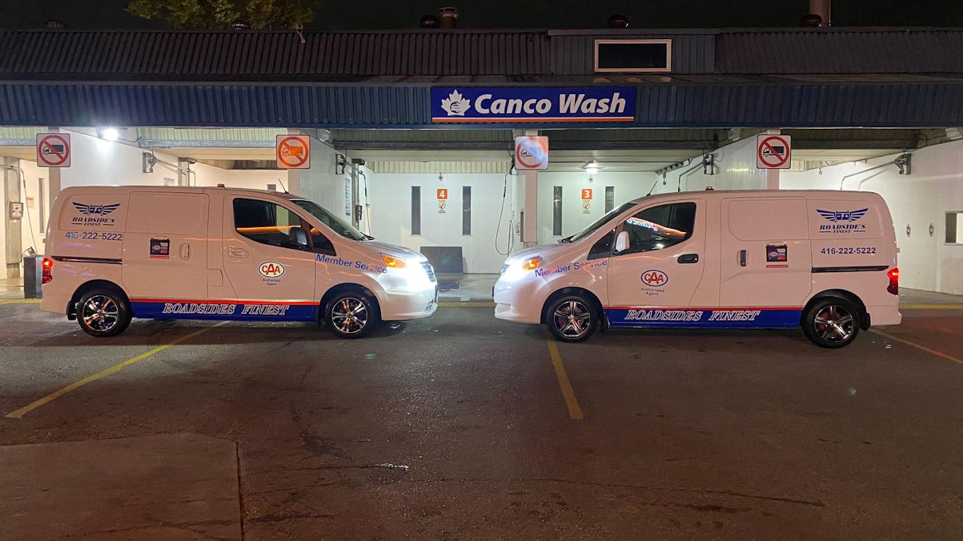 Two Roadsides Finest service vans in the GTA at night
